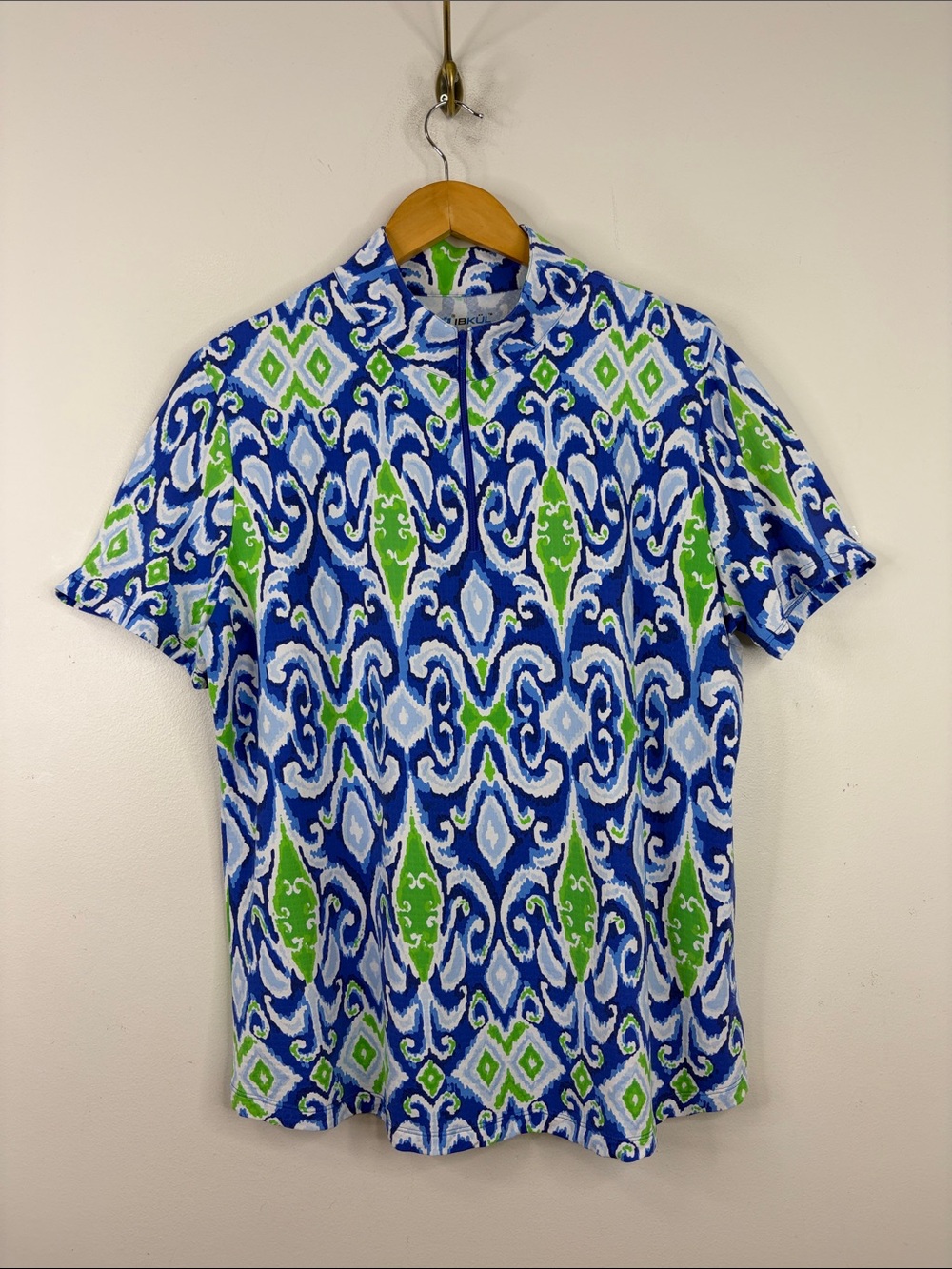 IBKUL Top Womens XXL Blue Green White Paisley Performance Stretch Half Zip Shirt